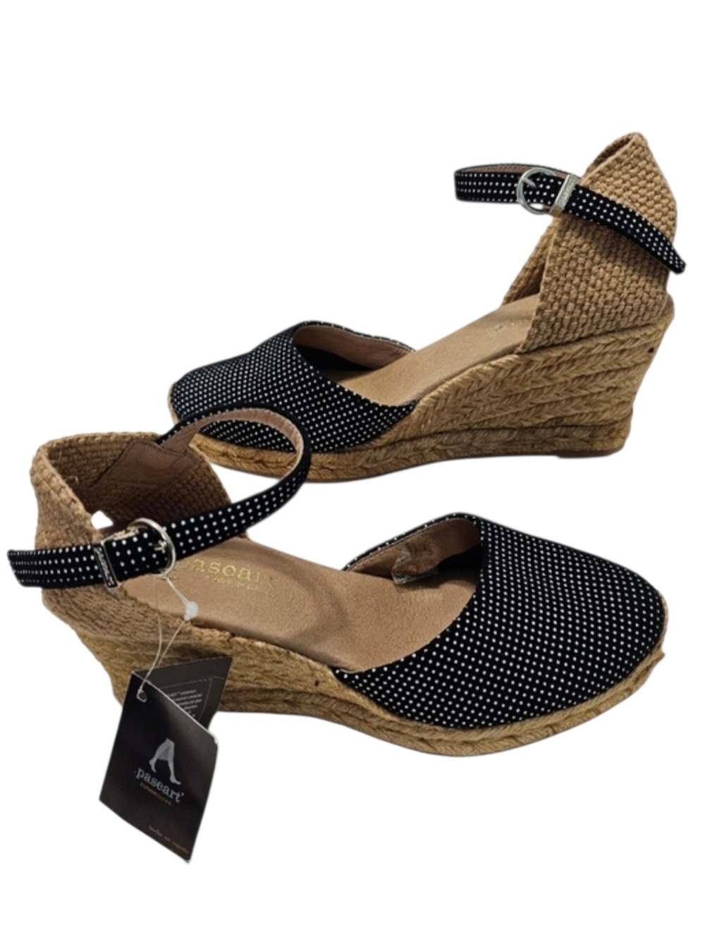 Paseart Spadrille Wedge Black/White Polka Dots Ankle Strap Sandals Sz 37 (7)